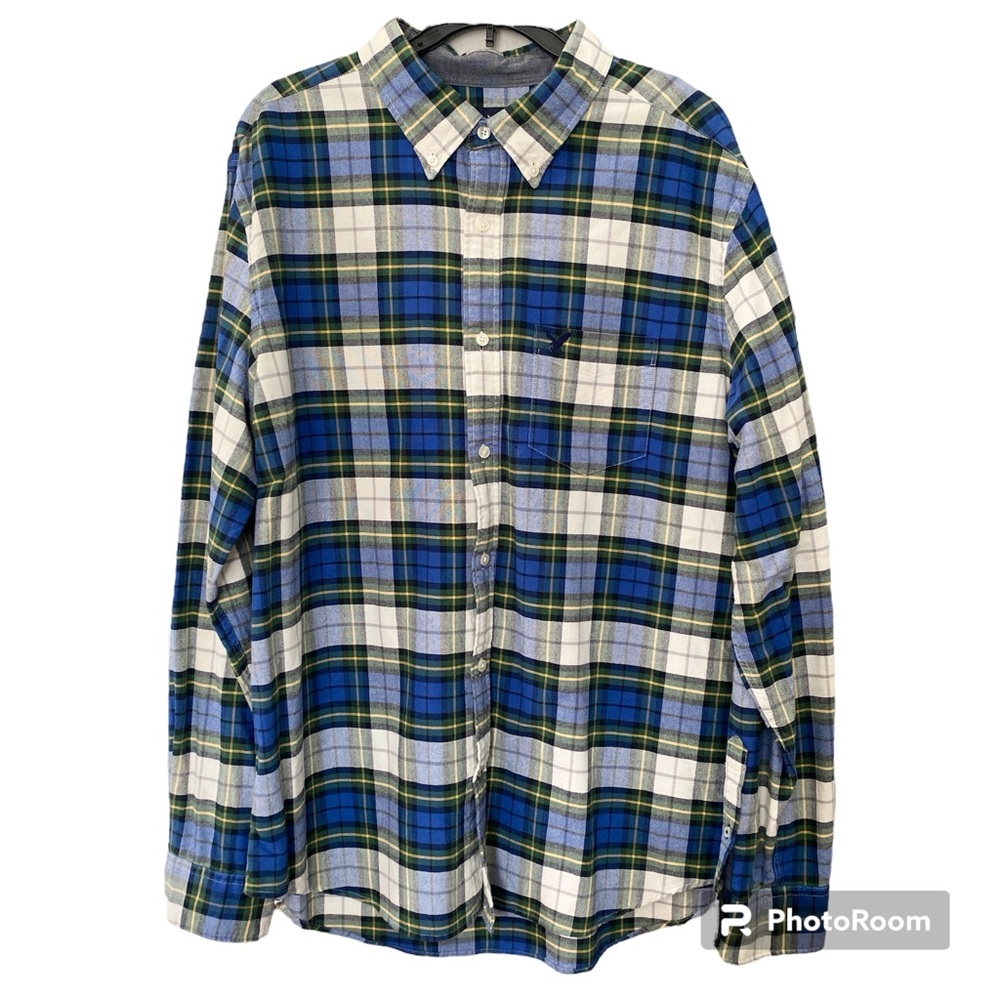 American Eagle Men’s XL cotton blue green yellow plaid button down classic fit